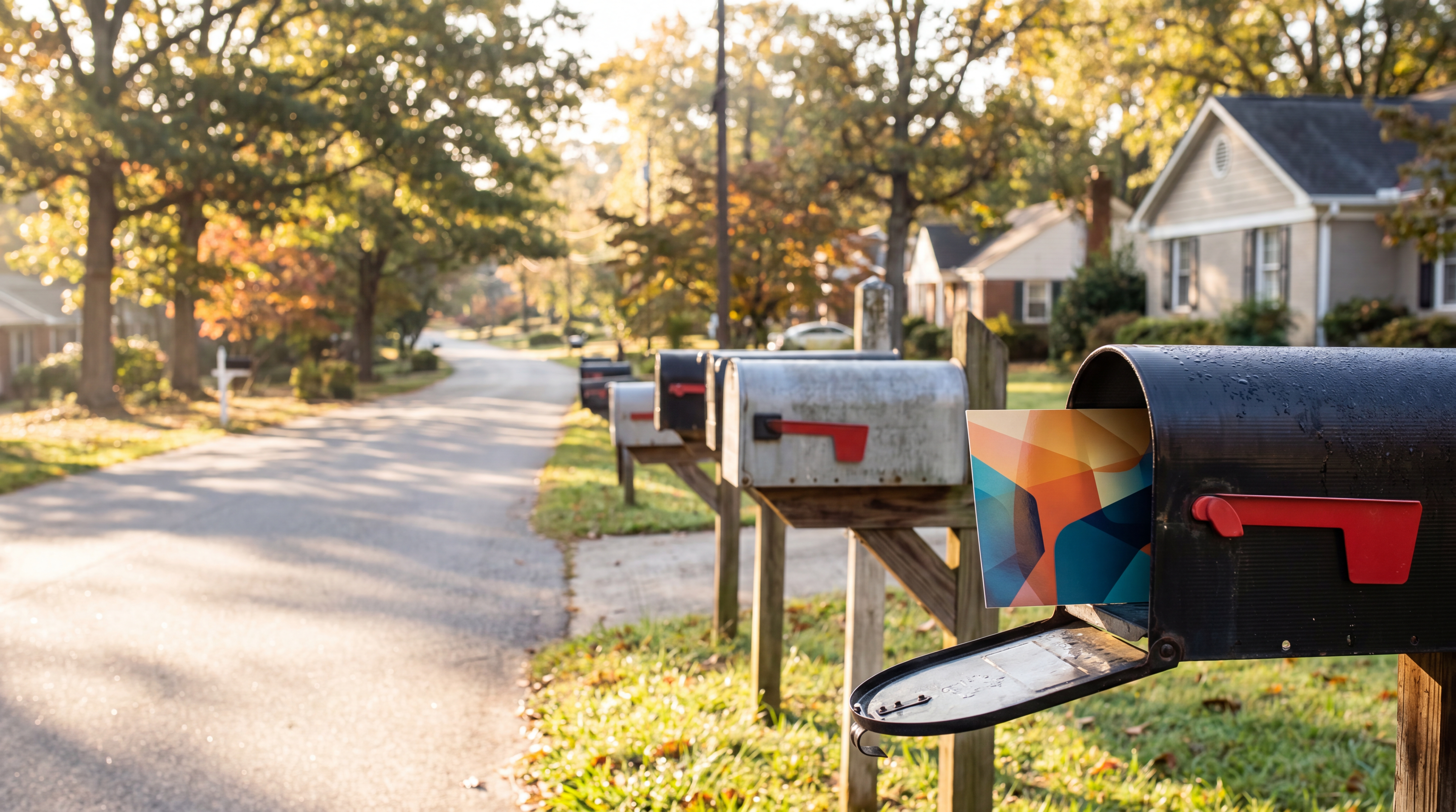 Row of residential mailboxes in an Upstate South Carolina neighborhood with a colorful EDDM direct mail postcard